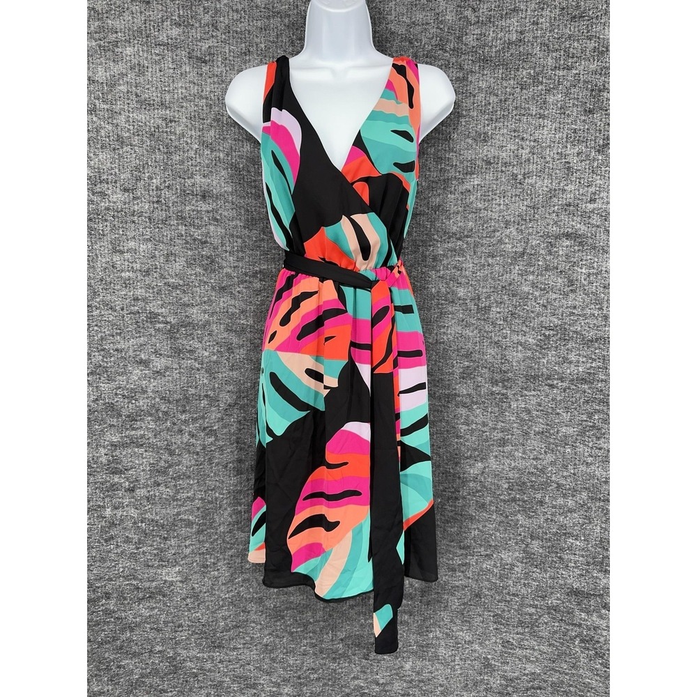Trina Turk Planetary Dress Womens XL Multicolor Wrap Belted V Neck Sundress